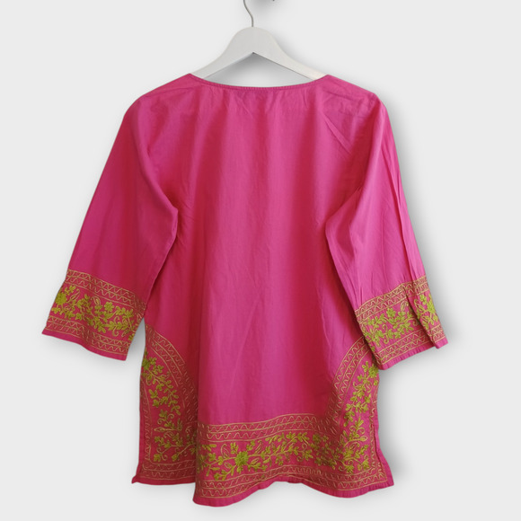 Gretchen Scott Tunic Womens Medium Pink Embroidered Floral Hipster Boho Blouse - Picture 2 of 6